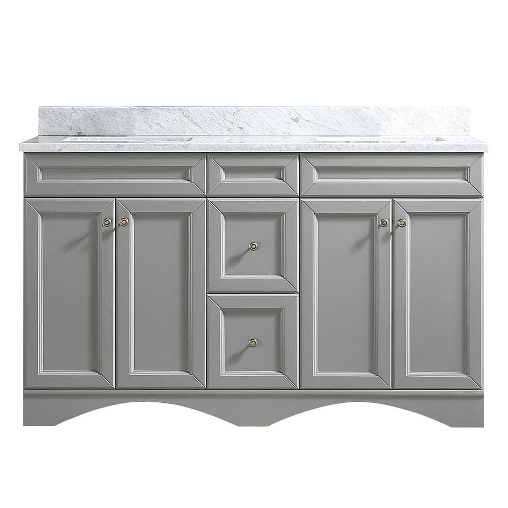 Solid Wood 60 in W x 22 in D x 39.3 in H Double Sink Bath Vanity in Modern Gray with Carrara White Natural Marble Top
